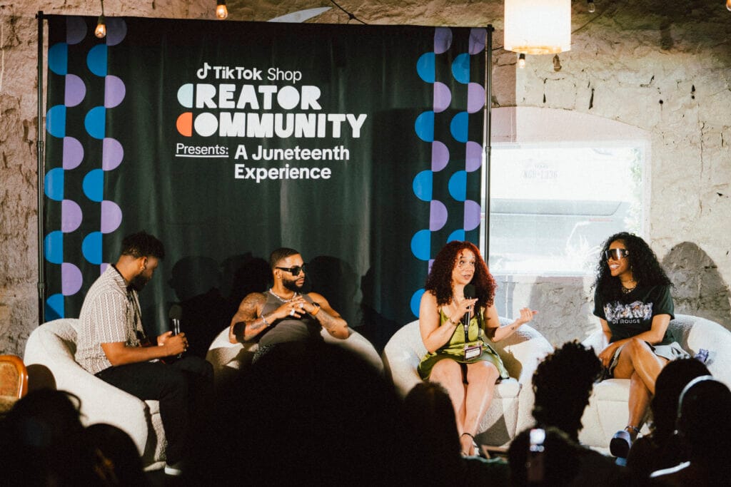 Panel of Black creators speaking at the TikTok Shop Creator Community Juneteenth Experience in Atlanta, 2025. A female is speaking.